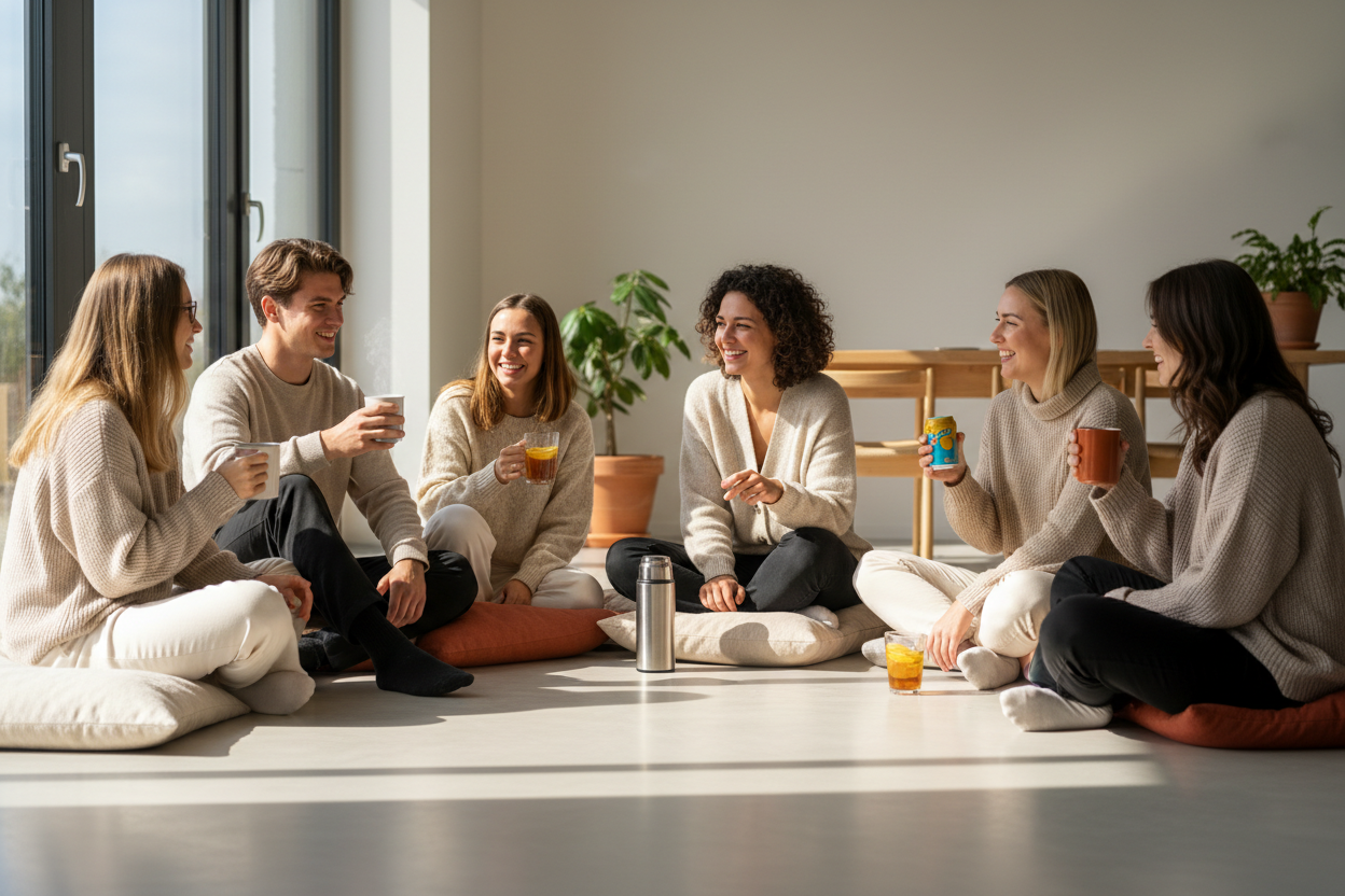 група от млади хора седнали на пода, който е с подово отопление, пият по питие и си приказават